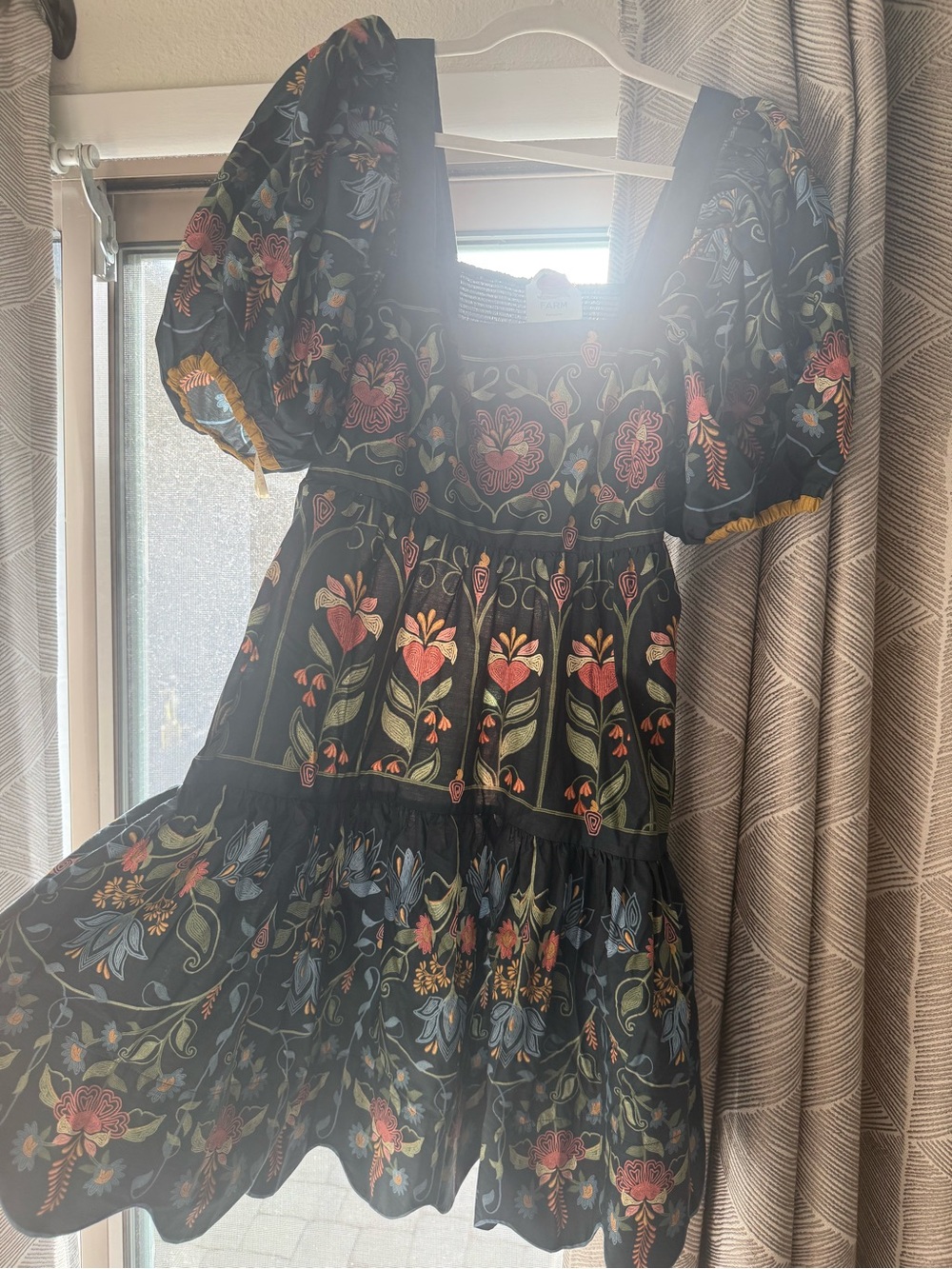 FARM Rio Navy Floral Puff-Sleeve Mini Dress with Pink & Green Embroidery - Picture 3 of 4